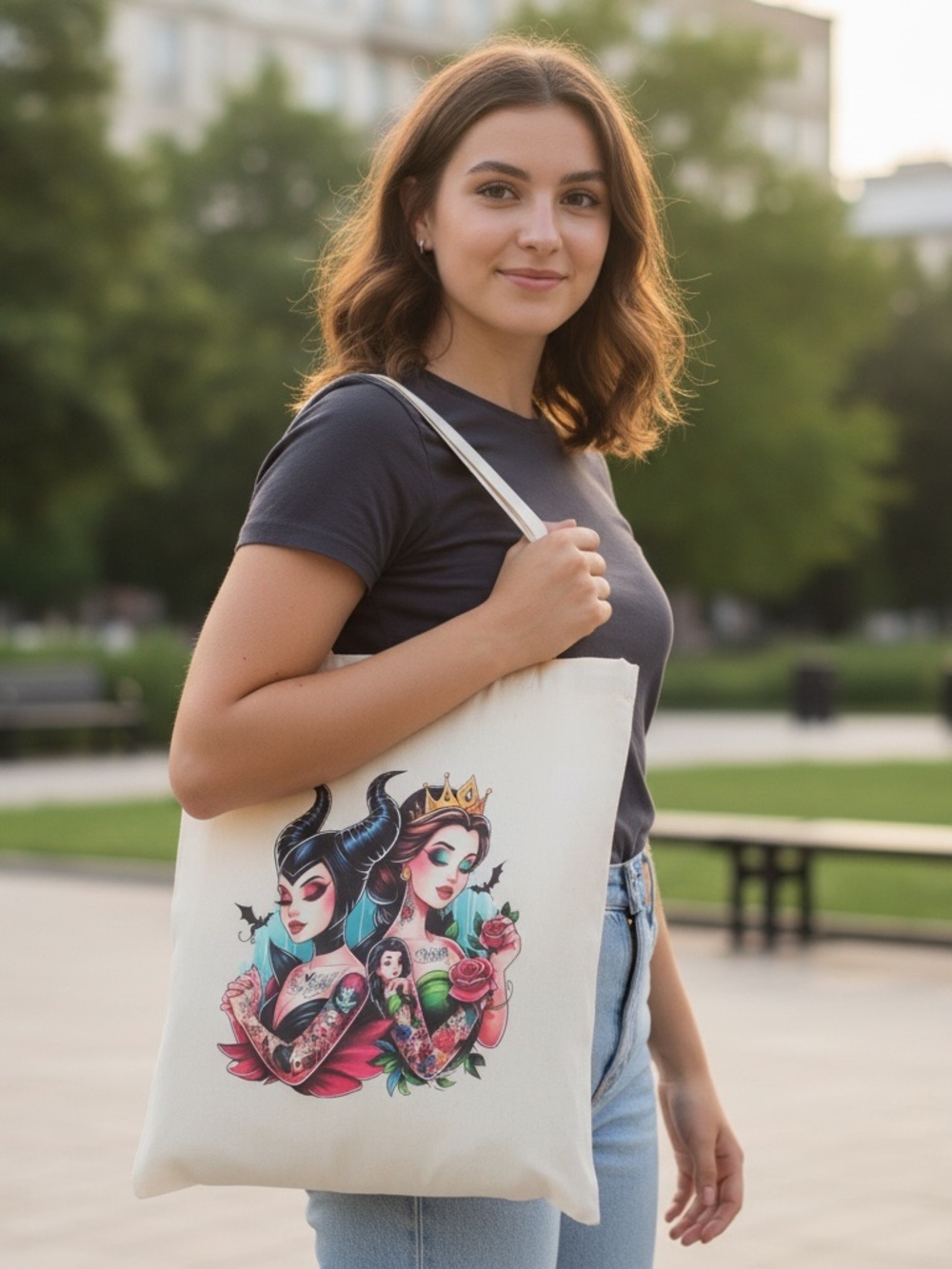 Handcrafted Tote Bag with Colorful Illustration - Cream